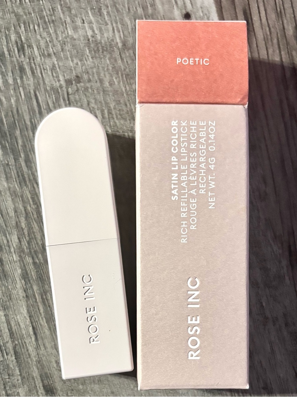 ROSE INC Satin Lip Color Rich Refillable Lipstick Plumping POETIC Muted Coral
